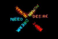 Image Description: Multicoloured neon signs reading need, human, human, desire, hope, dream in a snowflake patter, which make some of the words upside down and sideways